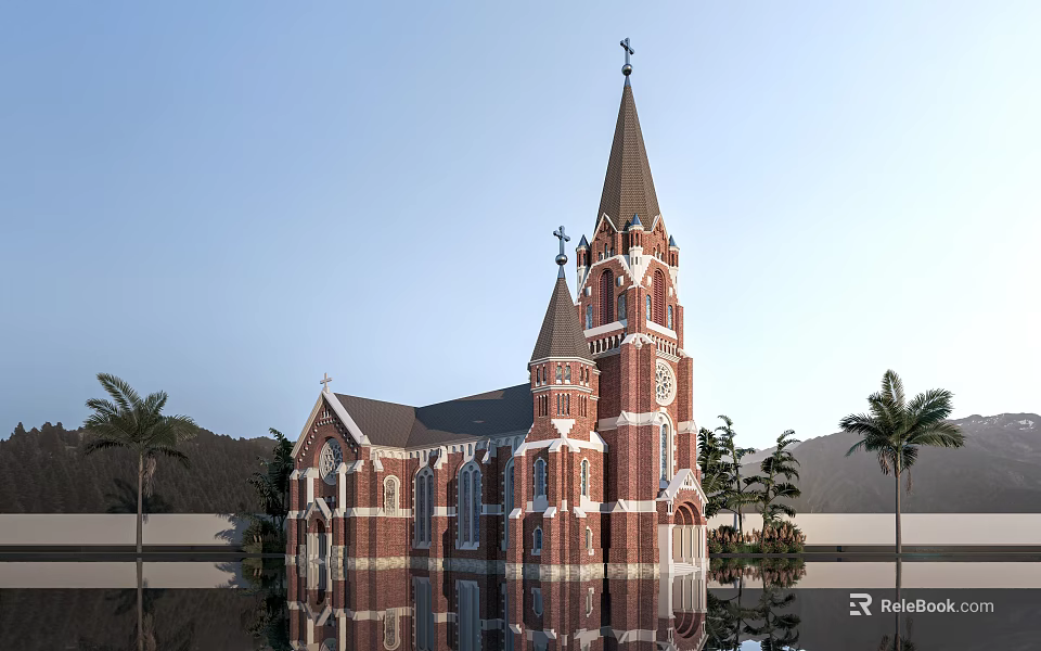 European Church Architecture with Red Brick Tall Spires Clock Tower and Palm Trees Water Reflection 3d model 