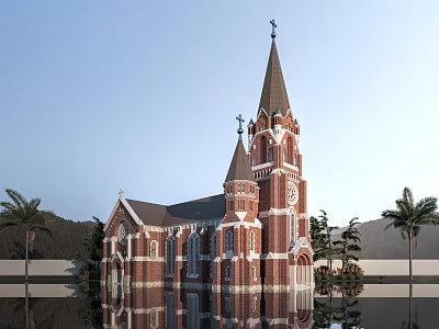 European Church Architecture with Red Brick Tall Spires Clock Tower and Palm Trees Water Reflection 3d model