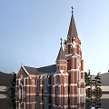 European Church Architecture with Red Brick Tall Spires Clock Tower and Palm Trees Water Reflection