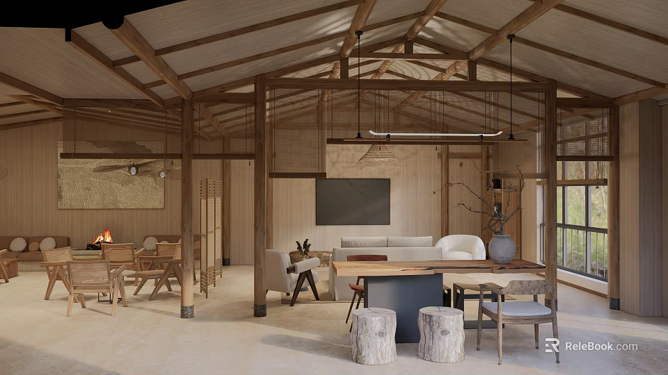 Hotel Public Lounge Area With Wooden Ceiling Hanging Lights Comfortable Sofas And Fire Pit 3d model