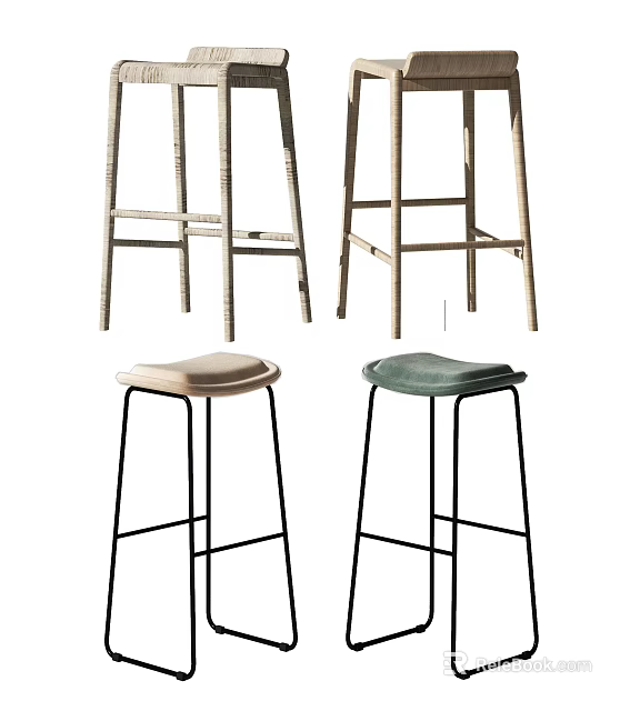 Stylish Modern Bar Stools With Rattan Metal Frames And Beige Green Seats 3d model 
