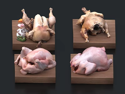 Various raw and cooked chicken pieces arranged on wooden display trays 3d model