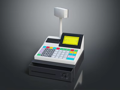 Modern Household Cash Register With Digital Screen Colorful Buttons Scanner And Drawer 3d model