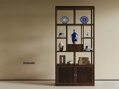 Dark Wood Antique Display Shelf With Blue White Vase Plates Drawer And Cabinet Doors 3d model