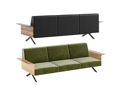 Modern Style Sofa Set With Black Green Upholstery Wooden Armrests And Metal Legs 3d model