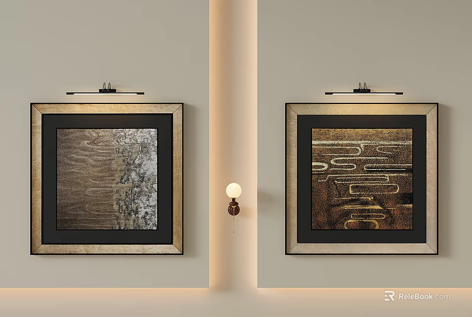 Abstract Paintings Framed Wall Art With Textured Gold Brown Tones And Light Colored Wall 3d model 