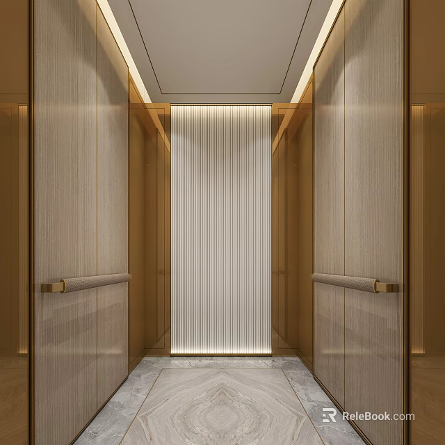 Modern Luxury Elevator Interior With Wooden Walls Marble Floor And LED Strip 3d model 