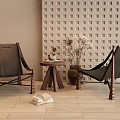 Black Leather Leisure Chairs With Wooden Frame Side Table Decorative Vase And Perforated Wall Panel