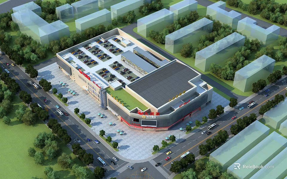 Modern Commercial Street Retail Complex With Parking Lot Surrounding Roads And Greenery 3d model 
