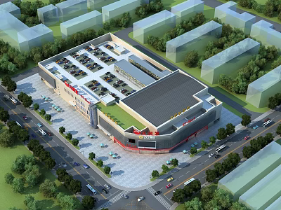 Modern Commercial Street Retail Complex With Parking Lot Surrounding Roads And Greenery 3d model
