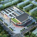Modern Commercial Street Retail Complex With Parking Lot Surrounding Roads And Greenery