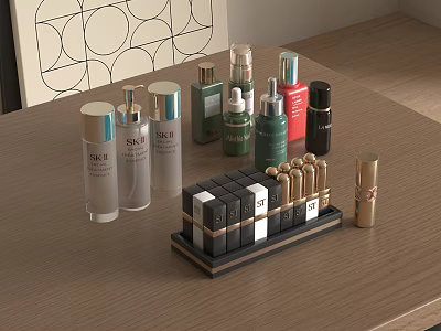 Elegant Perfume Cosmetics Display With Assorted Bottles Golden Lipstick Holder And Lipsticks On Wooden Table 3d model