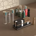 Elegant Perfume Cosmetics Display With Assorted Bottles Golden Lipstick Holder And Lipsticks On Wooden Table