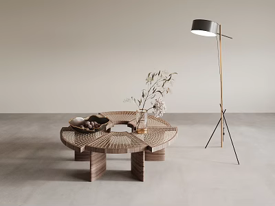Round Wooden Coffee Table With Woven Texture Nut Tray Dried Flowers And Floor Lamp 3d model