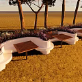 Outdoor Landscape Seats With River View Trees Greenery And Wooden Tables