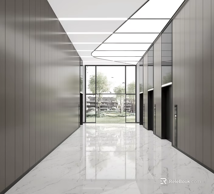 Modern Elevator Lobby With Gray Walls White Marble Flooring And Geometric Ceiling 3d model