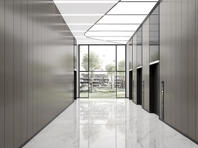 Modern Elevator Lobby With Gray Walls White Marble Flooring And Geometric Ceiling 3d model