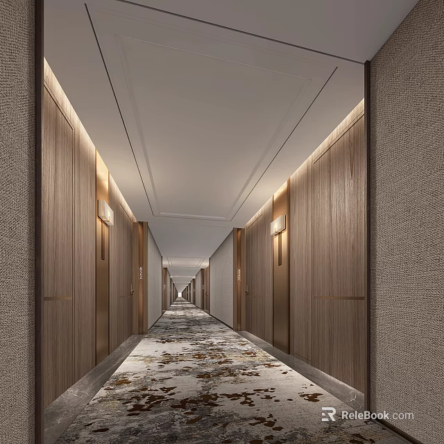 Modern Hotel Corridor With Wooden Panel Walls Soft Lighting And Patterned Carpet 3d model 