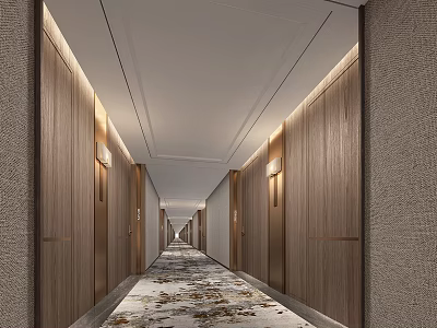 Modern Hotel Corridor With Wooden Panel Walls Soft Lighting And Patterned Carpet 3d model