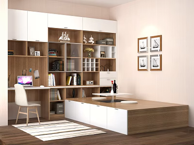 Modern Home Office Interior With Bookshelf Desk Chair Wall Art And Rug 3d model