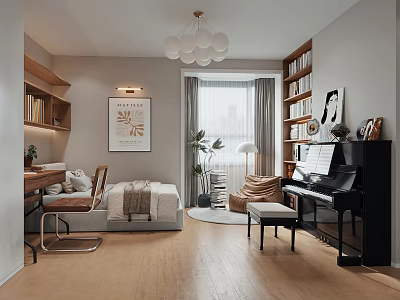 Cozy Kids Room Interior With Bed Desk Piano Bookshelves Artwork And Plant 3d model
