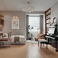 Cozy Kids Room Interior With Bed Desk Piano Bookshelves Artwork And Plant
