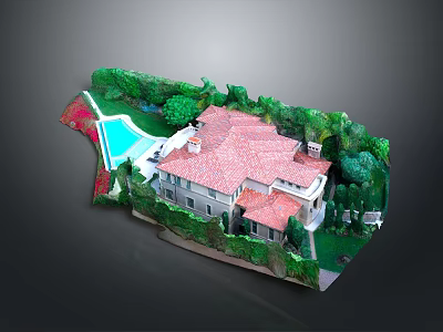 Residential Villa Architectural Model With Red Roof Lush Greenery And Swimming Pool 3d model