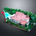 Residential Villa Architectural Model With Red Roof Lush Greenery And Swimming Pool