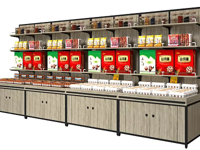 Retail Display Shelves With Multiple Layers Stocked With Packaged Goods And Wooden Base Cabinets 3d model