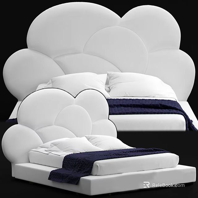 Modern Double Bed With Cloud Shaped White Headboard Navy Blue Blanket And Pillows 3d model 