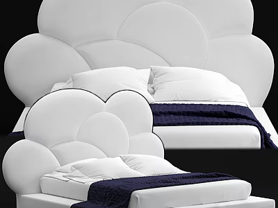 Modern Double Bed With Cloud Shaped White Headboard Navy Blue Blanket And Pillows 3d model