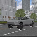 Modern Electric Pickup Truck on Urban Street with Tall Buildings and Trees