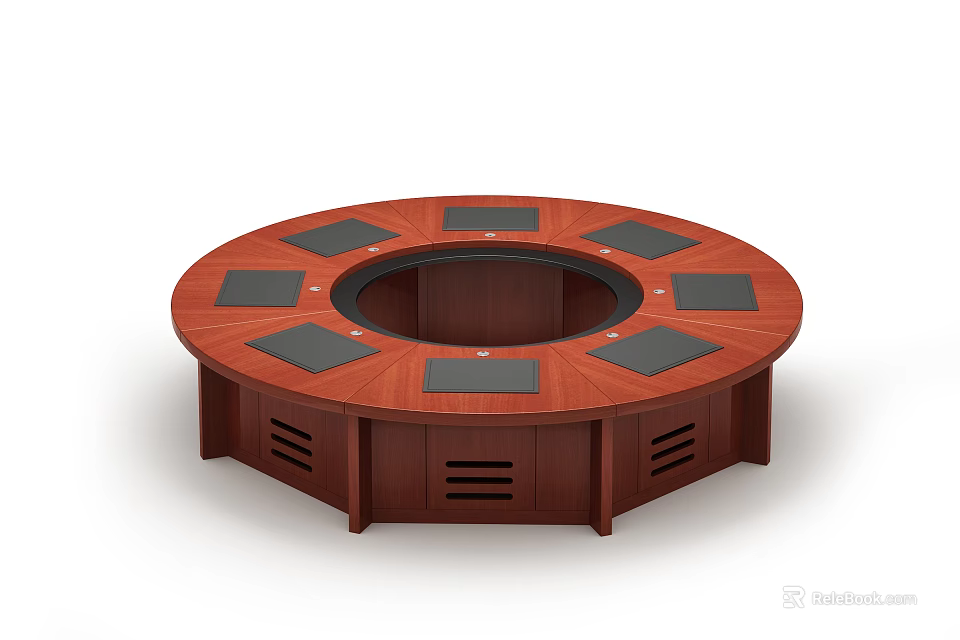 Round Mahogany Wooden Conference Table With Black Square Mats And Ventilation Slots 3d model 