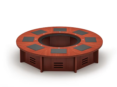 Round Mahogany Wooden Conference Table With Black Square Mats And Ventilation Slots 3d model