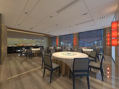 Modern Restaurant Interior With Round Dining Table Gray Chairs And Red Decorations 3d model