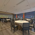Modern Restaurant Interior With Round Dining Table Gray Chairs And Red Decorations