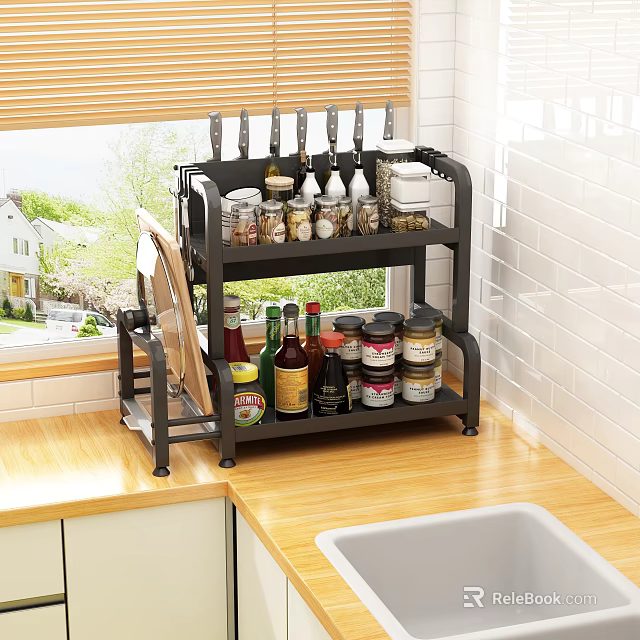 Two Tier Black Kitchen Storage Rack With Spice Jars Knife Holder And Condiment Bottles 3d model 