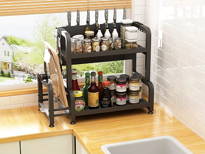 Two Tier Black Kitchen Storage Rack With Spice Jars Knife Holder And Condiment Bottles 3d model