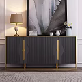 Modern Dark Entryway Sideboard Cabinet With Gold Accents Table Lamp Books And Vase