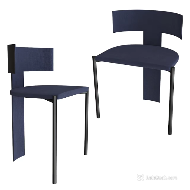 Navy Blue Modern Dining Chair With Black Metal Legs And Geometric Backrest 3d model 