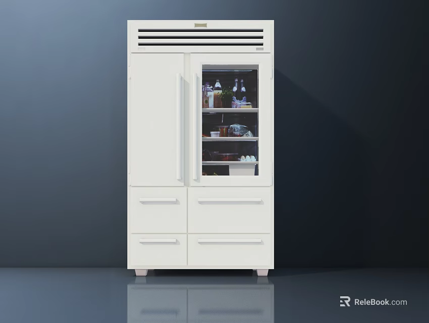 White Refrigerator Freezer With Glass Door Storing Drinks And Food Items And Bottom Drawers 3d model 