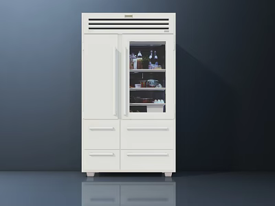 White Refrigerator Freezer With Glass Door Storing Drinks And Food Items And Bottom Drawers 3d model