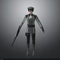 3D Character Model in Gray Blue Uniform With Hat Weapon and Belt Details