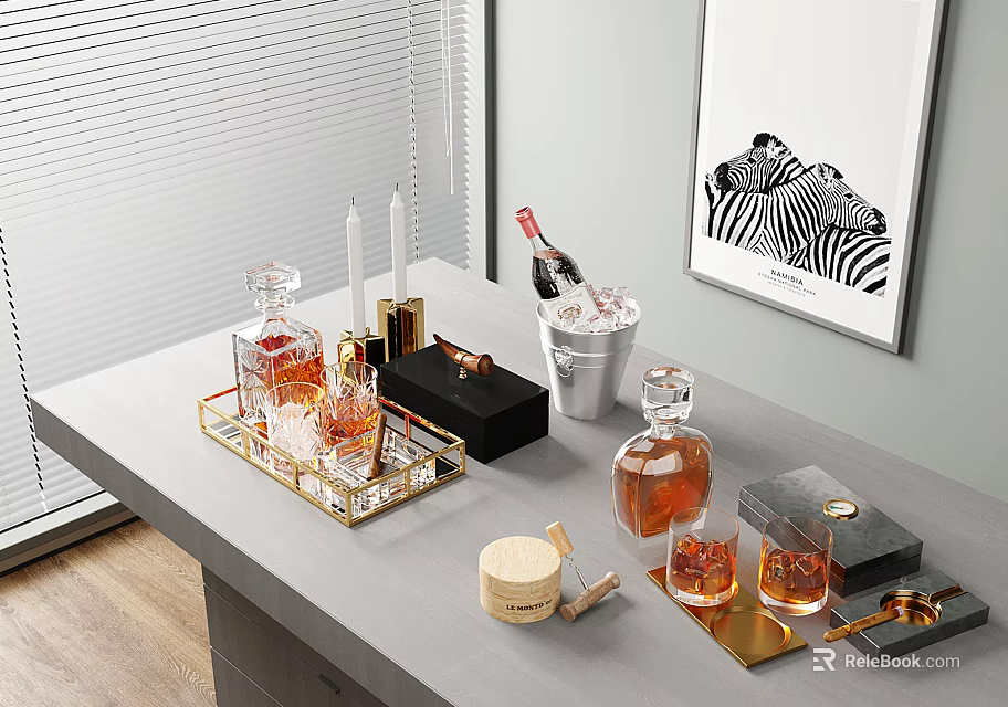 Elegant Wine Bottles And Whiskey Glasses On Golden Tray With Ice Bucket Zebra Wall Art 3d model 