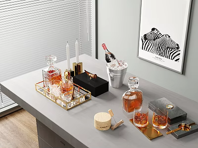 Elegant Wine Bottles And Whiskey Glasses On Golden Tray With Ice Bucket Zebra Wall Art 3d model
