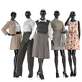 Black Fashion Mannequins Dressed in Various Clothing Outfits with Sweater Skirt and Printed Dress
