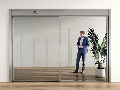 Automatic Sliding Glass Door With Man In Suit And Potted Plant In Modern Indoor Setting 3d model