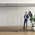 Automatic Sliding Glass Door With Man In Suit And Potted Plant In Modern Indoor Setting