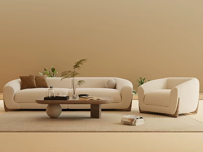 Modern Beige Sofa and Coffee Table Set With Wooden Table Armchair Plants and Glassware on Rug 3d model