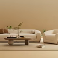 Modern Beige Sofa and Coffee Table Set With Wooden Table Armchair Plants and Glassware on Rug